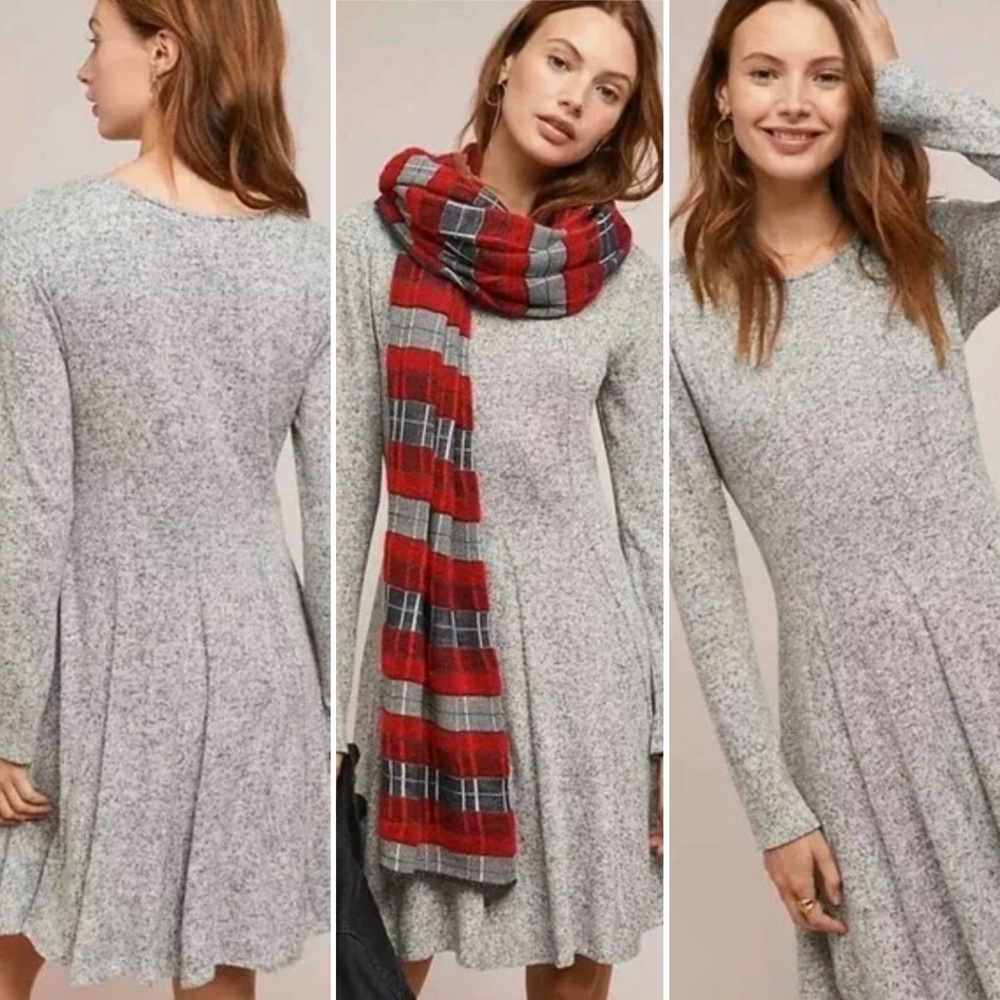 Anthropologie Fleece Knit Pleated Long Sleeve Dress Size Small USA Made Stretch